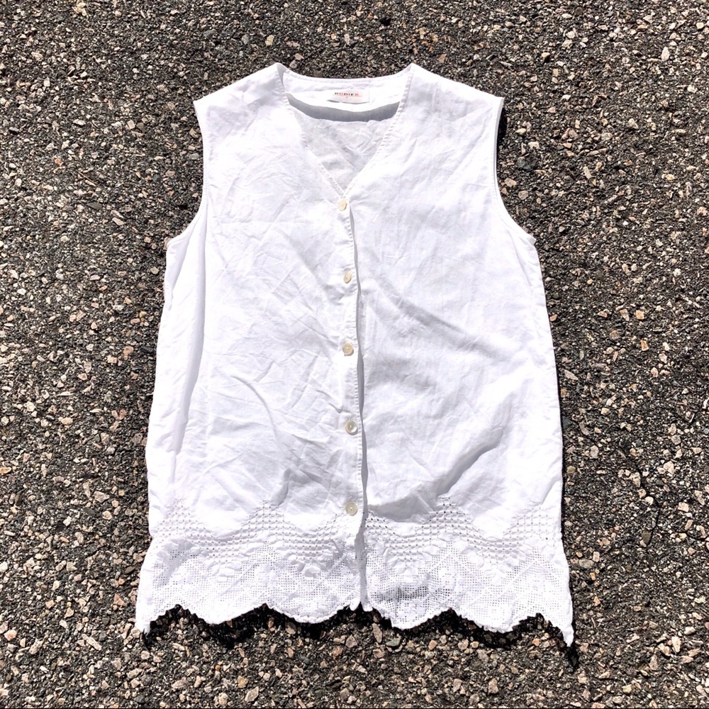 Rodier Vintage Cotton-Linen eyelet button-down M
